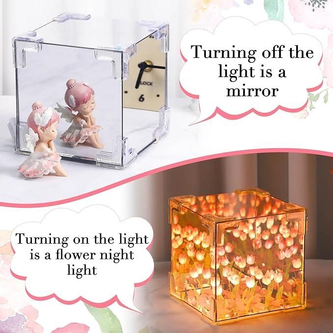 Tulip Cube Mirror Decorative Flower Lamp for Bedroom,Table Lamp and Mirror 2 In 1