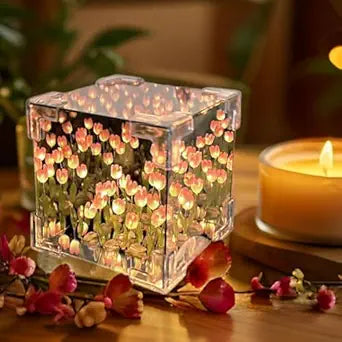 Tulip Cube Mirror Decorative Flower Lamp for Bedroom,Table Lamp and Mirror 2 In 1