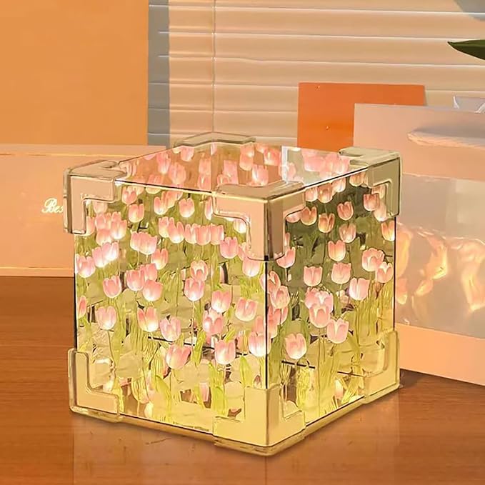 Tulip Cube Mirror Decorative Flower Lamp for Bedroom,Table Lamp and Mirror 2 In 1