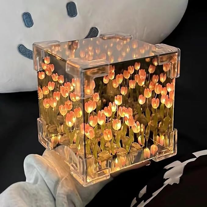 Tulip Cube Mirror Decorative Flower Lamp for Bedroom,Table Lamp and Mirror 2 In 1