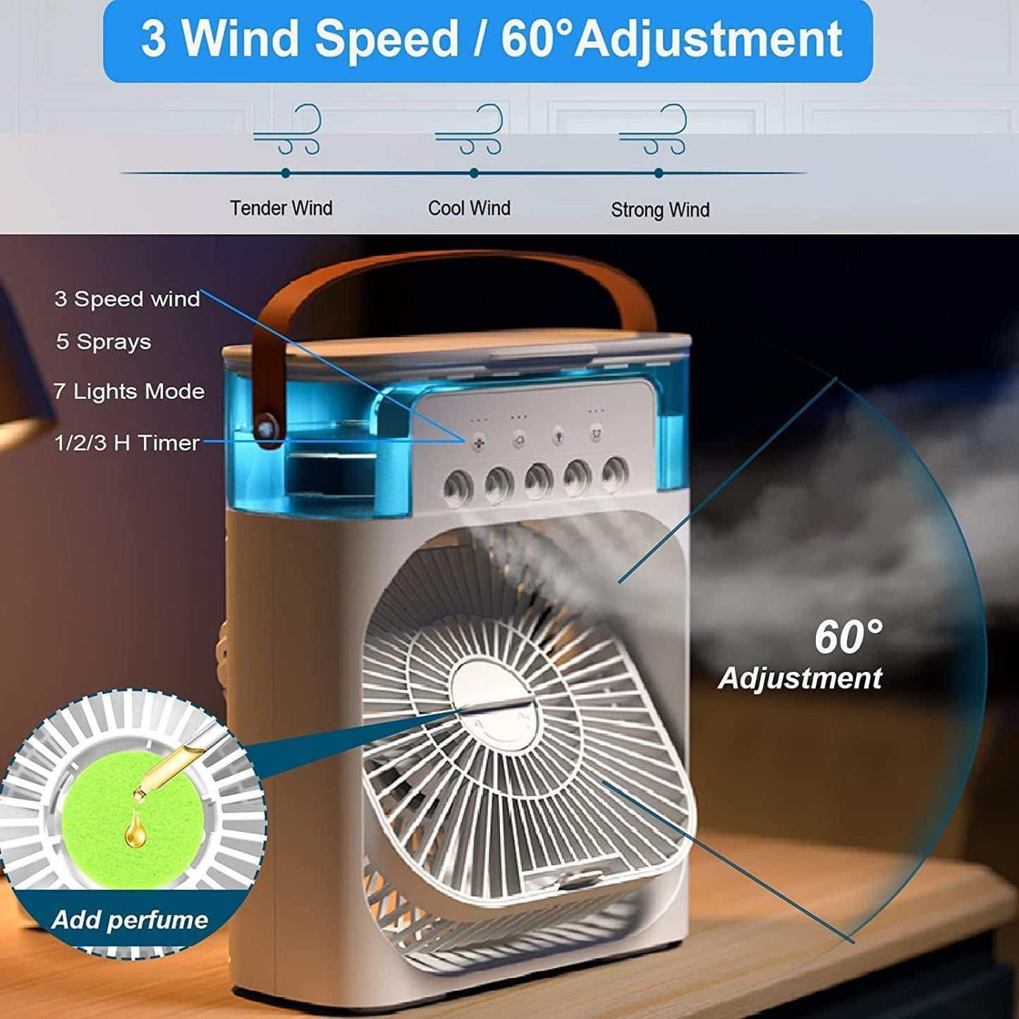 Portable Mini Fan Artic Cooler with 7 Colors LED Light, 1/2/3 H Timer, 3 Wind Speeds and 3 Spray Modes for Office,Home,Dorm,Travel