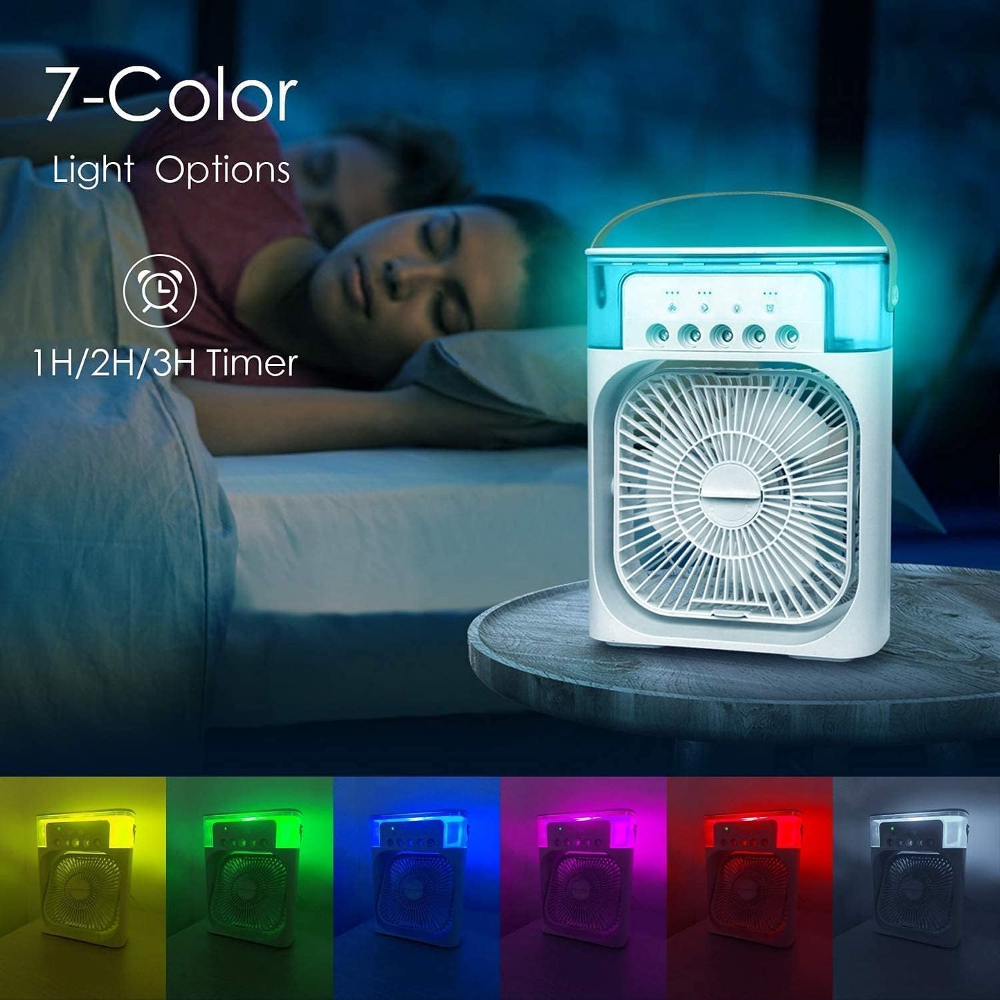 Portable Mini Fan Artic Cooler with 7 Colors LED Light, 1/2/3 H Timer, 3 Wind Speeds and 3 Spray Modes for Office,Home,Dorm,Travel