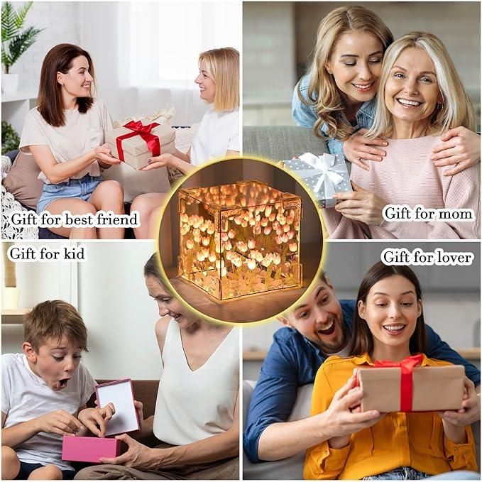 Tulip Cube Mirror Decorative Flower Lamp for Bedroom,Table Lamp and Mirror 2 In 1
