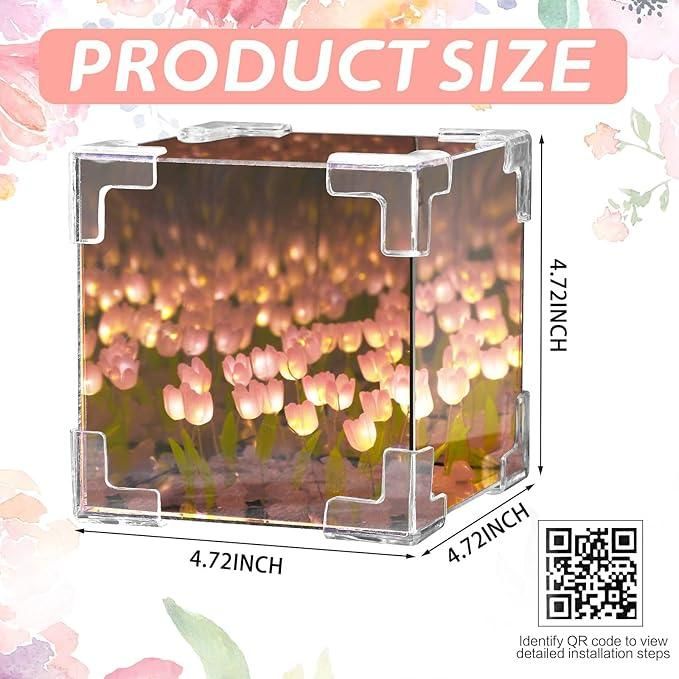 Tulip Cube Mirror Decorative Flower Lamp for Bedroom,Table Lamp and Mirror 2 In 1