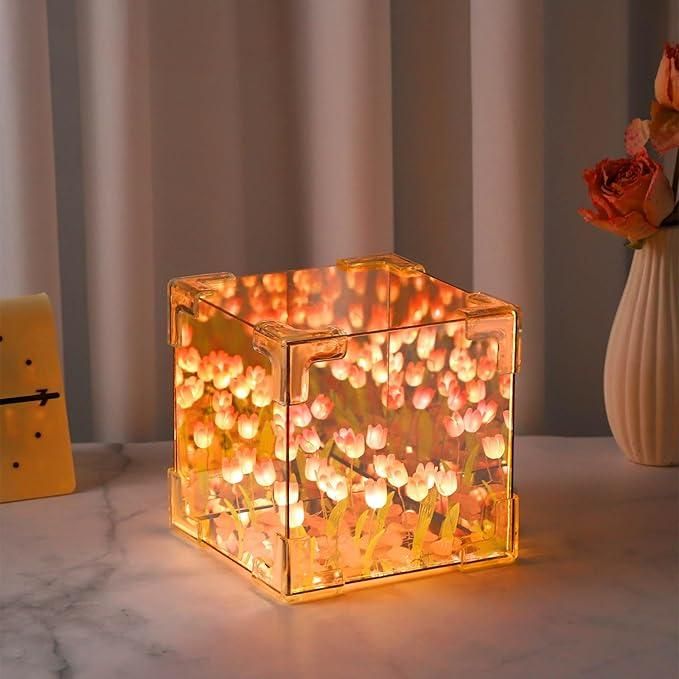 Tulip Cube Mirror Decorative Flower Lamp for Bedroom,Table Lamp and Mirror 2 In 1