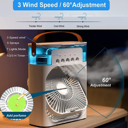 Portable Mini Fan Artic Cooler with 7 Colors LED Light, 1/2/3 H Timer, 3 Wind Speeds and 3 Spray Modes for Office,Home,Dorm,Travel